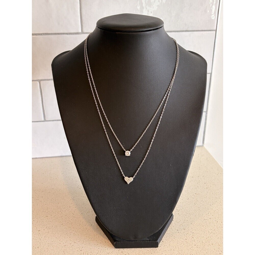 925 Sterling Silver Layered Necklace Crystal Heart & Pendant Dainty